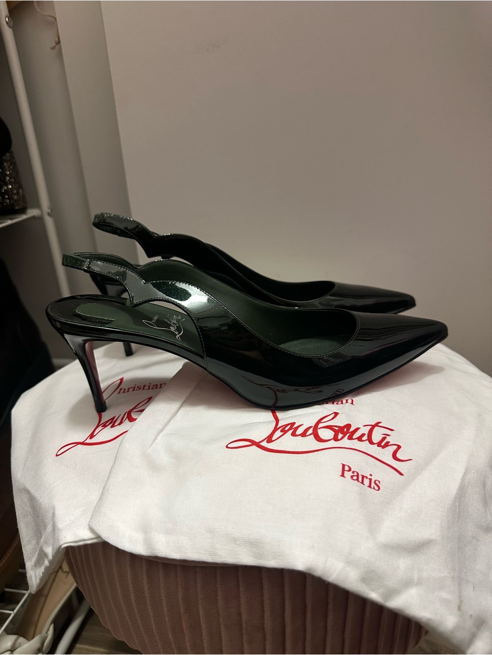 Christian Louboutin Black Patent Slingback Pointed Pumps with Red Soles